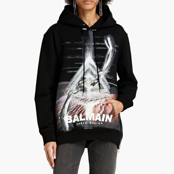 Balmain Paris Graphic Black Hoodie with Side Zips – Size 36 - Picture 1 of 13